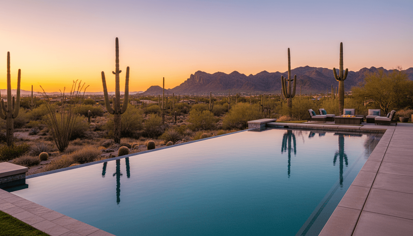 Luxury Arizona pool with desert mountain views at sunset